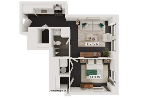 Floor plan for 1 bed, 1 bath, 563 sqft